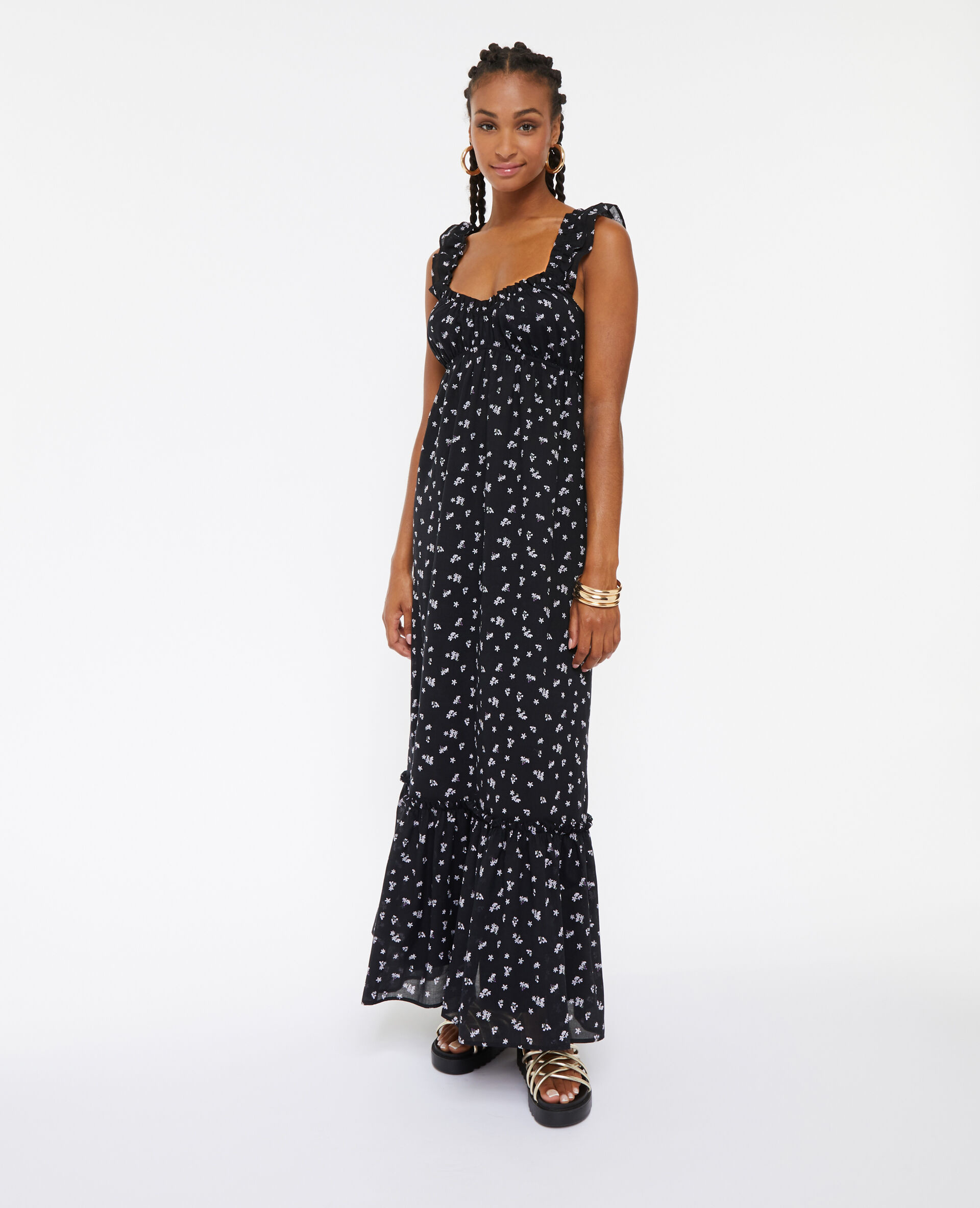 Robe longue motif fleurs avec volants - Noir