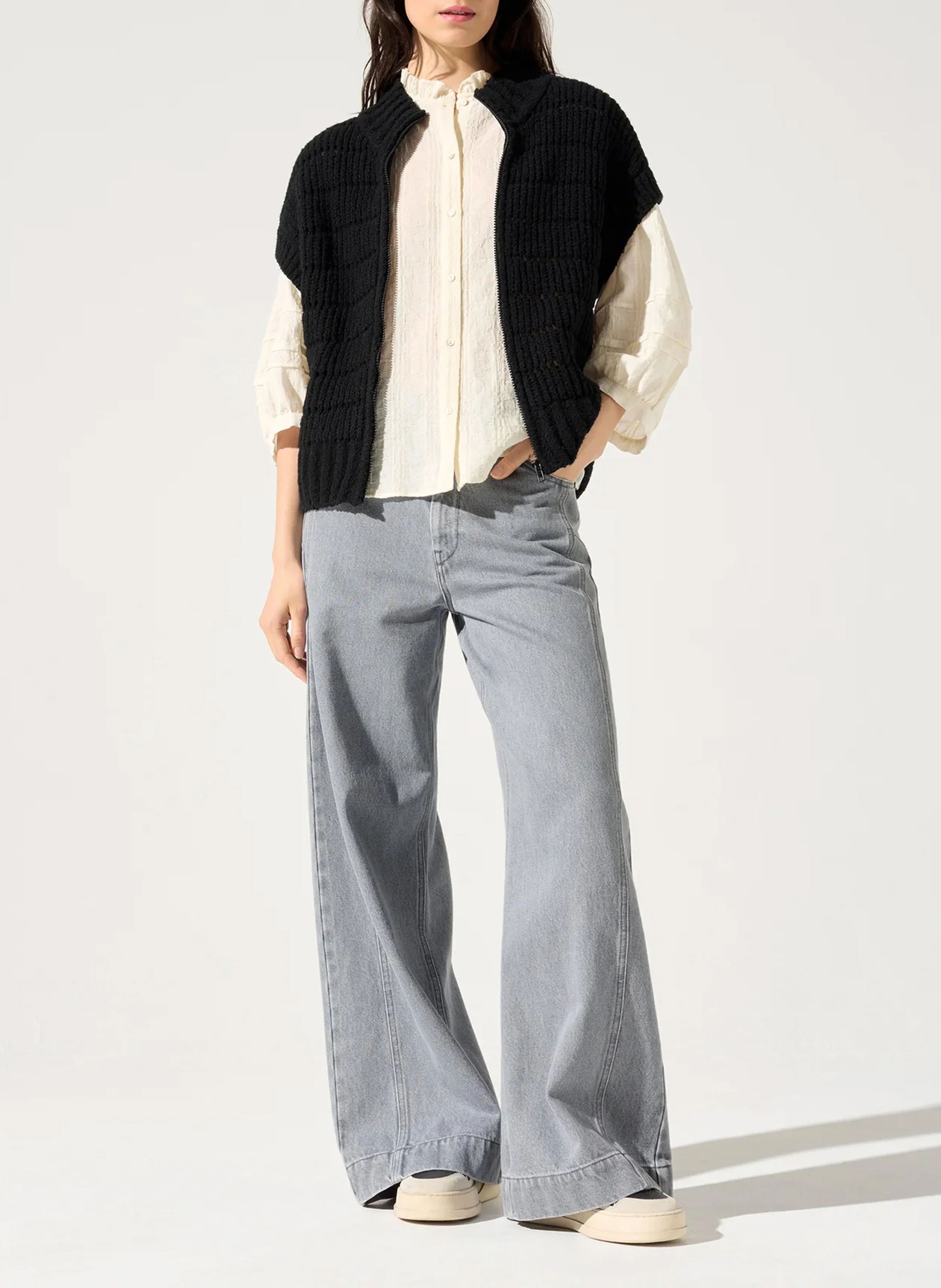 Cardigan ample col montant en laine mélangée | Noir