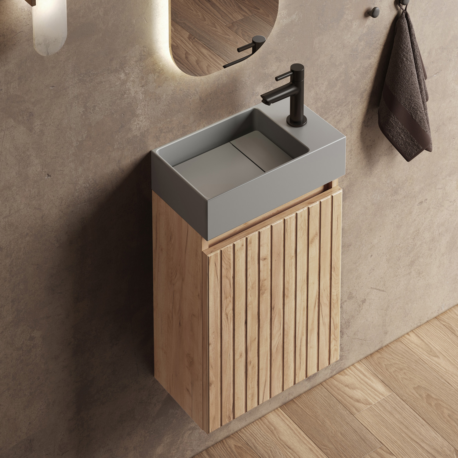 Fontana Itsie toiletmeubel warm eiken ribbelfront 40cm met fontein in mat grijs