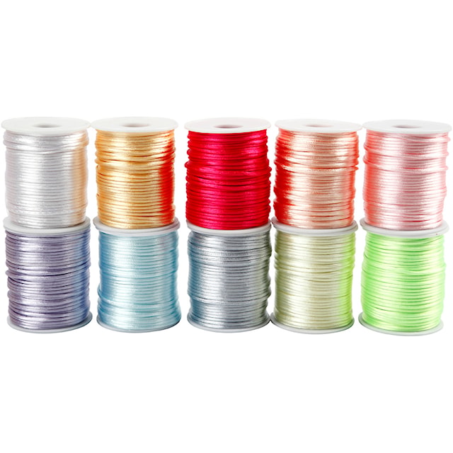 Satengsnor, tykkelse 2 mm, pastellfarger, 10x50 m/ 1 pk.