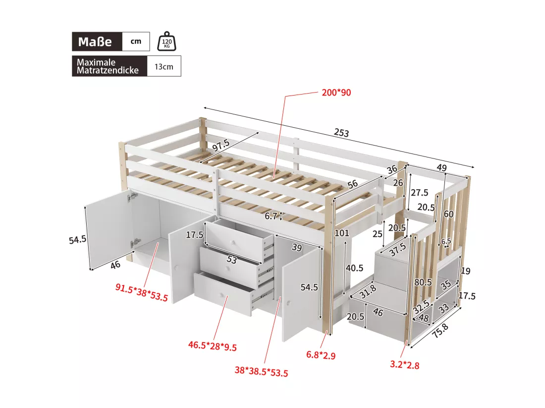 Lit mezzanine pour enfant 90x200 cm - avec armoires et tiroirs - Blanc + Naturel