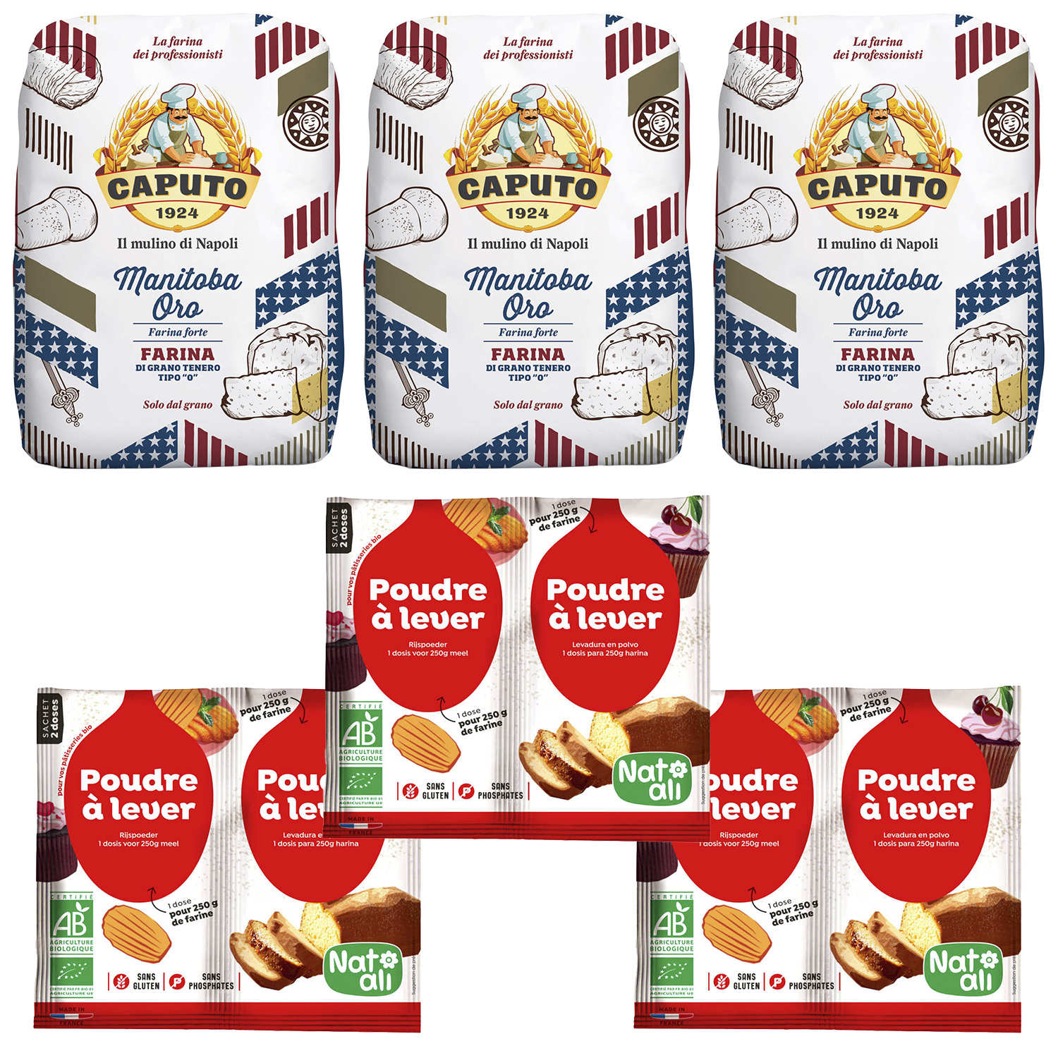 Assortiment farine et poudre à lever pour pâtisseries et brioches