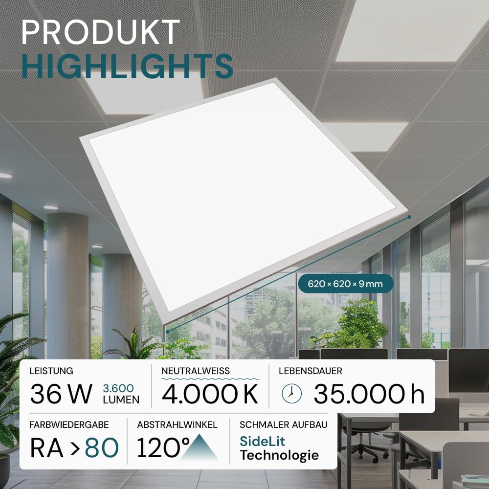 LED Panel, Deckenleuchte, 62x62cm, 3600lm, 4000K, 36W, inkl. Trafo, Rasterleuchten, Einlegeleuchte, Büroleuchten (mit Aufbaurahmen, 6 Stück)
