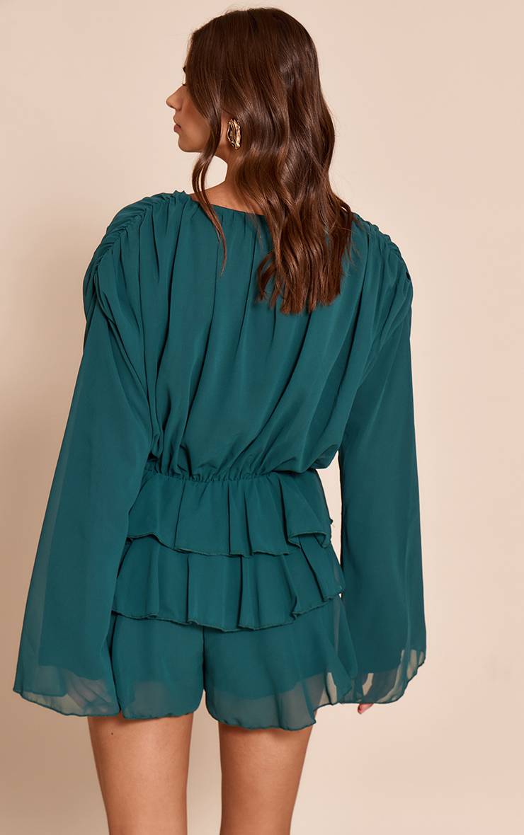 Vert Turquoise Combinaison-short En Mousseline À Volants Étagés Et Col En V