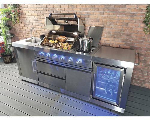 Buschbeck Oxford gasgrill buitenkeuken met 4 branders, zijbrander, RVS rooster, spoelbak met kraan en koelkast
