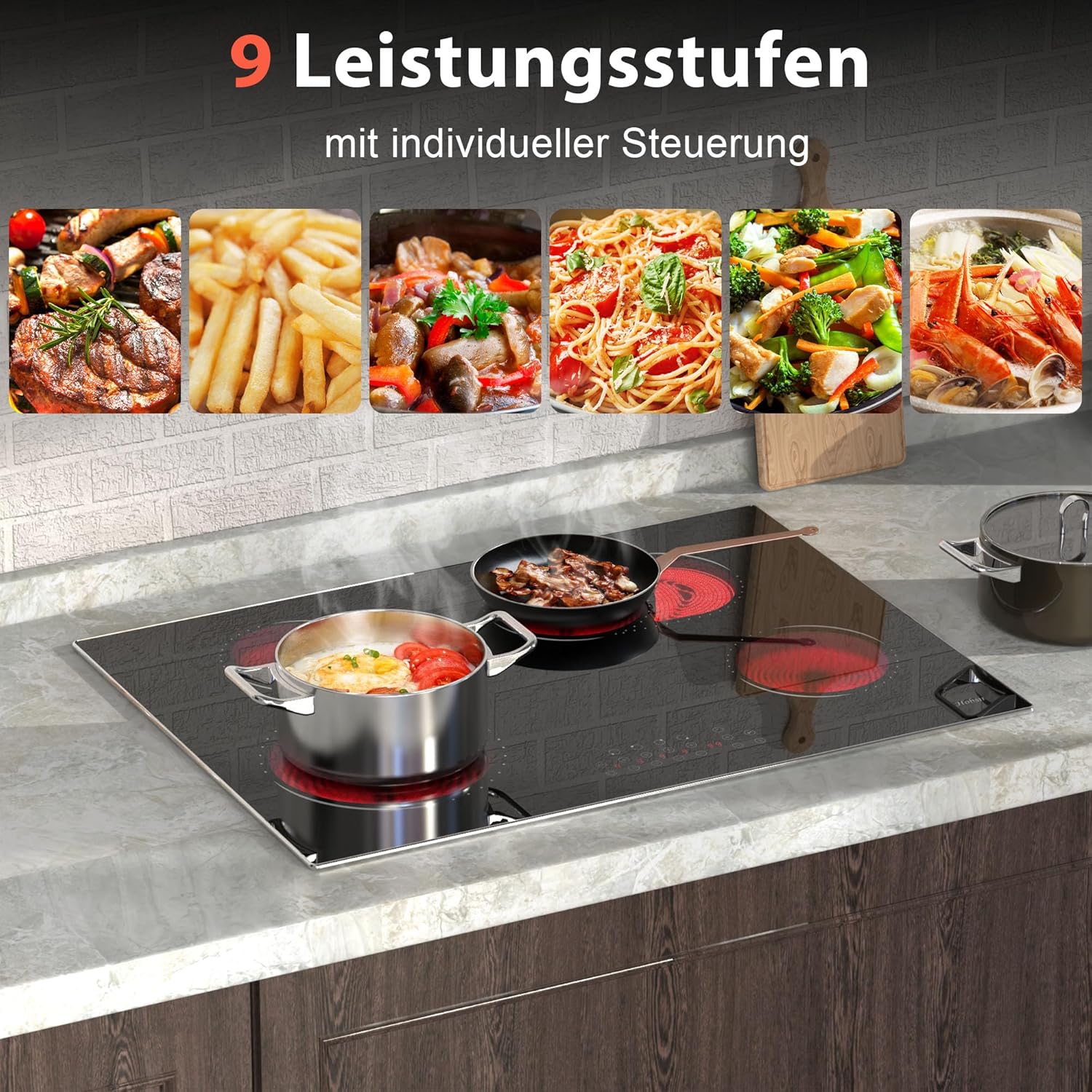 Glaskeramikkochfeld 4 Platten Kochfeld Autark 77 cm Glaskeramikkochfeld, Sensor-touch Control, 6600W, Doppelzone, Ovale Zone, 9 Leistungsstufe, Kindersicherung, Timer, Verkabelt, Kein Stecker