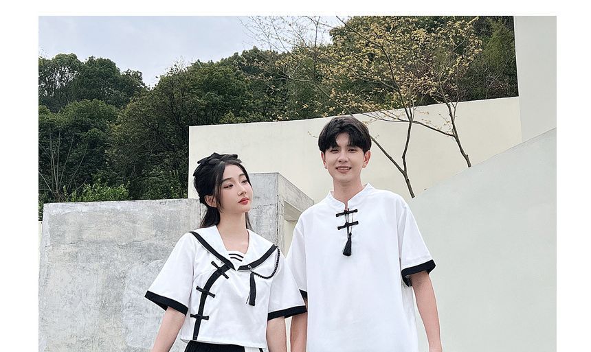 Azure - Matching Hanfu-top met korte mouwen en kwastjes in twee kleuren / geplooide midi-A-lijn rok met hoge taille / effen broek met rechte pijpen