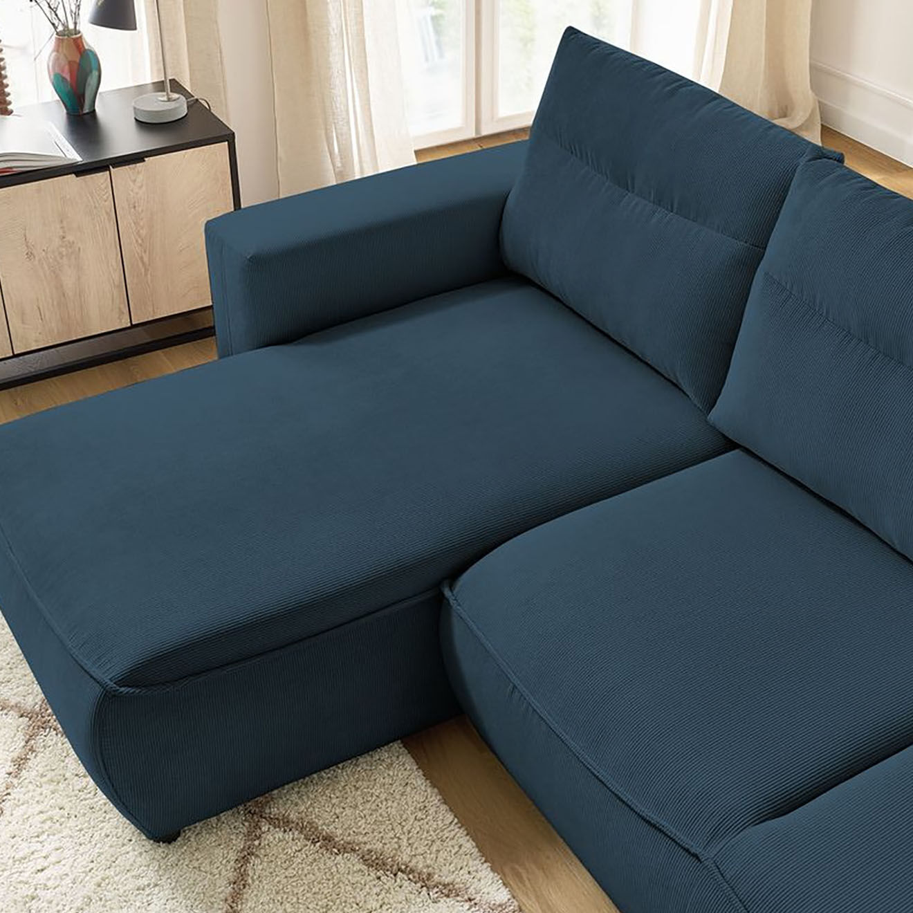 Bobochic Canapé d'angle gauche convertible coffre jasmin velours côtelé bleu foncé - 256x158x90 cm