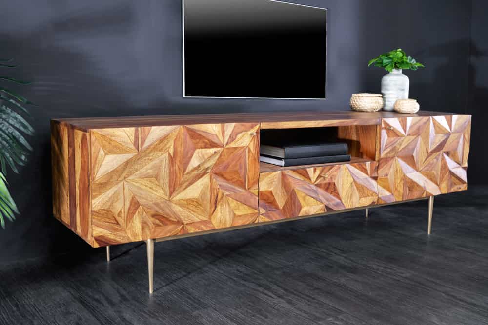 Massives TV-Board ALPINE 160cm braun Sheesham stone finish Metall matt gold