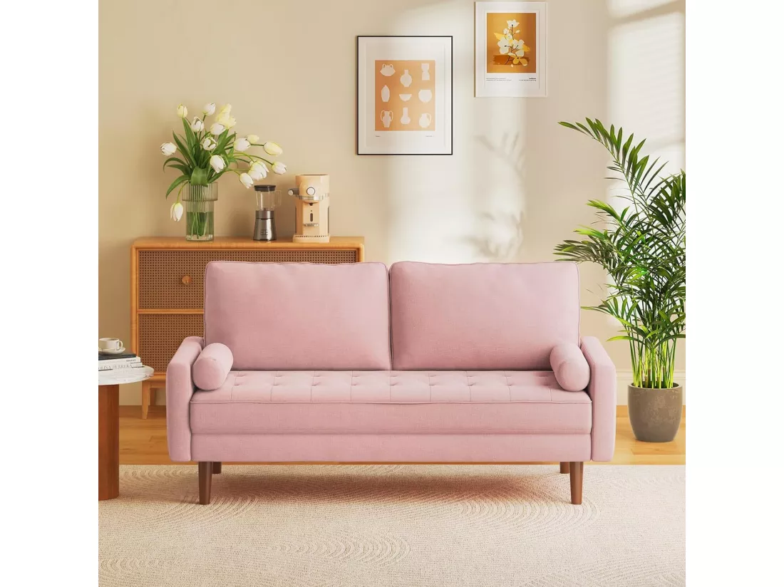 Canapé 3 places en tissu Lin rose - Scandinave - avec 2 Oreillers et Accoudoirs - Pieds bois massif - 173x77x84cm