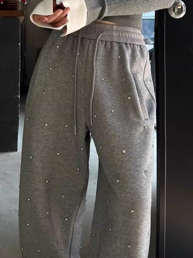 Rosesand - Hoge taille effen strass losse wijde joggingbroek