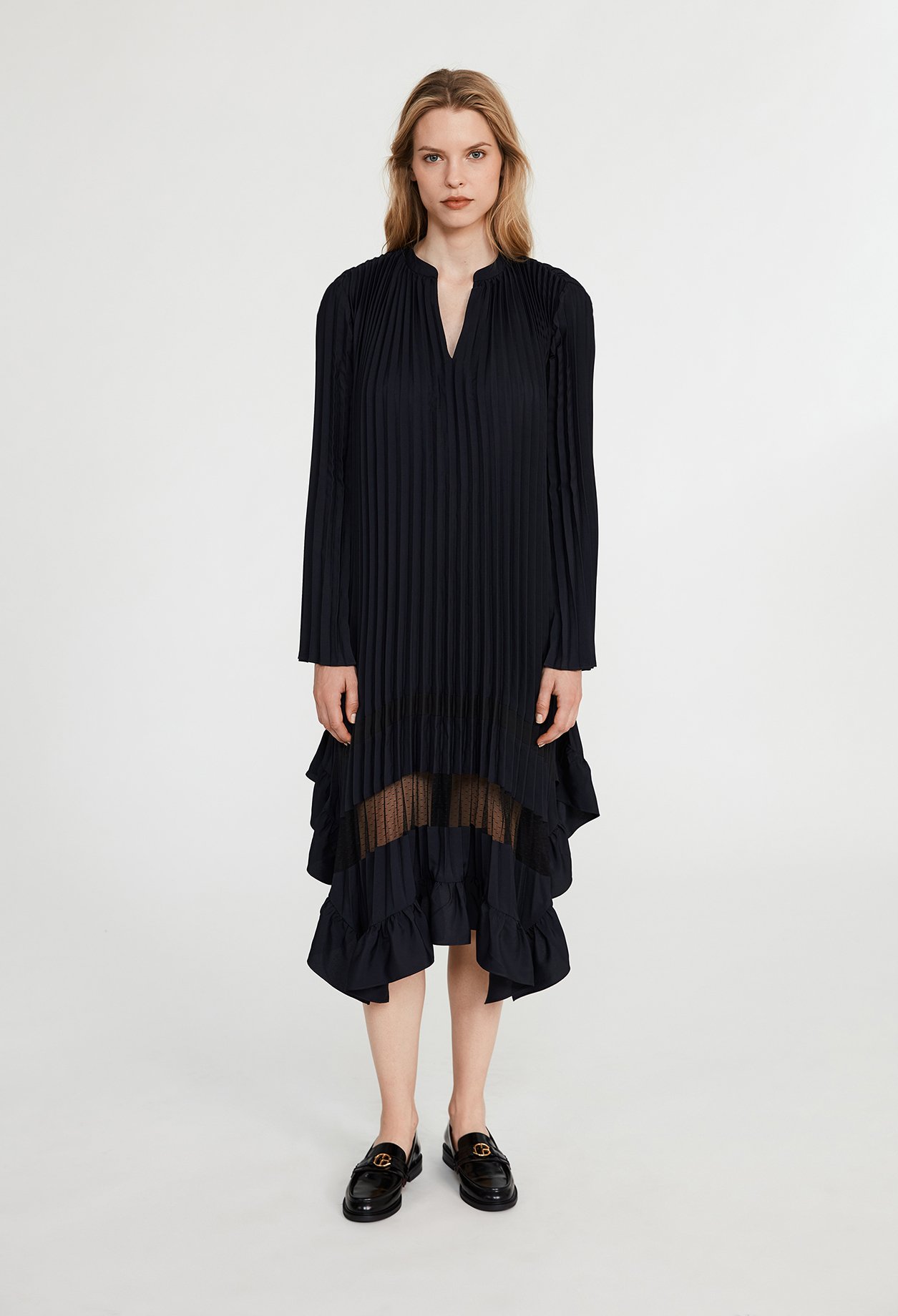 Robe midi plissee asymetrique marine