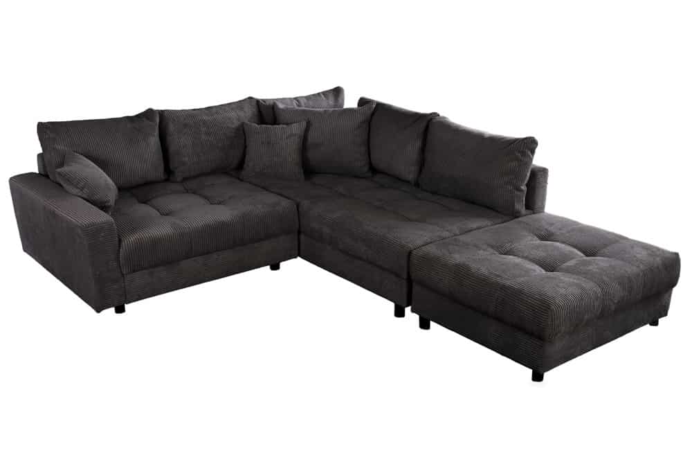Modernes Ecksofa KENT 220cm dunkelgrau Cord inklusive Hocker Federkern Wohnlandschaft