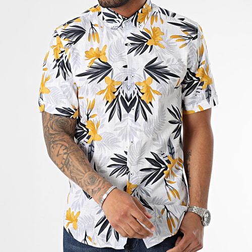 Chemise Manches Courtes Floral Blanc Jaune Bleu Marine