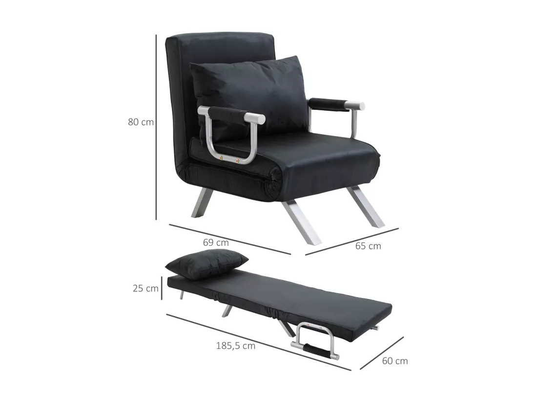 Fauteuil chauffeuse canapé-lit convertible 1 place déhoussable grand confort coussin pieds accoudoirs métal suède noir