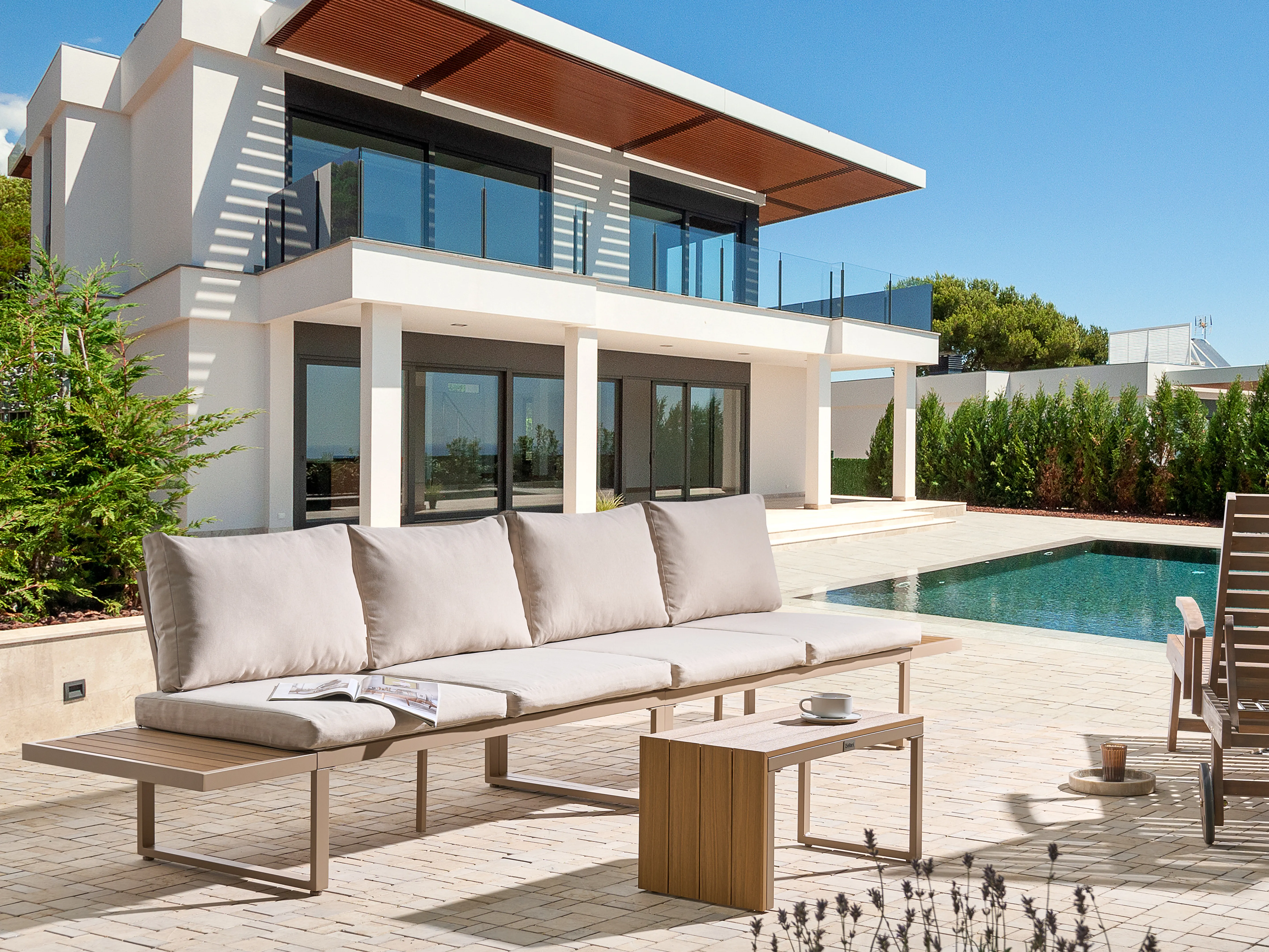 Tuin hoekloungeset met tafel 4-zits PIENZA rechtszijdig modulair Lichtbruin/beige