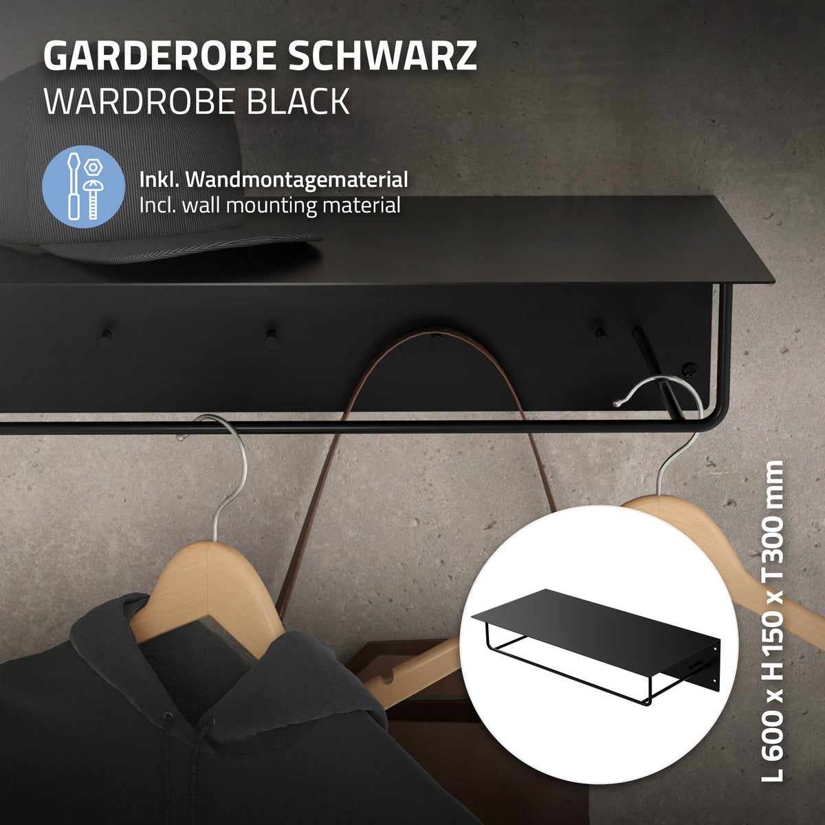 ML-Design 3-delige wandkapstokset met haken, kledingstang en hoedenplank, 60x30x15 cm, zwart, metalen halkapstok voor jassen en mantels, garderobe, wandmontage, hangend kapstokpaneel voor entree