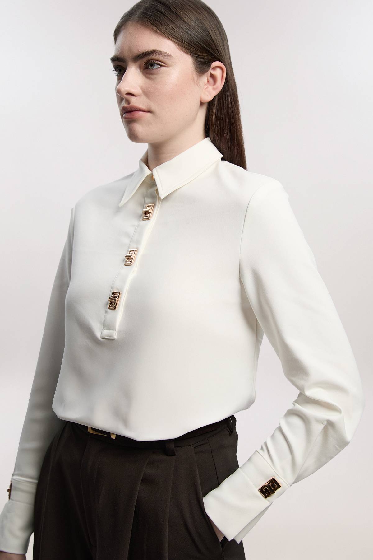 KarenMillen Chemise tissée Techno Cotton avec fermoirs dorés