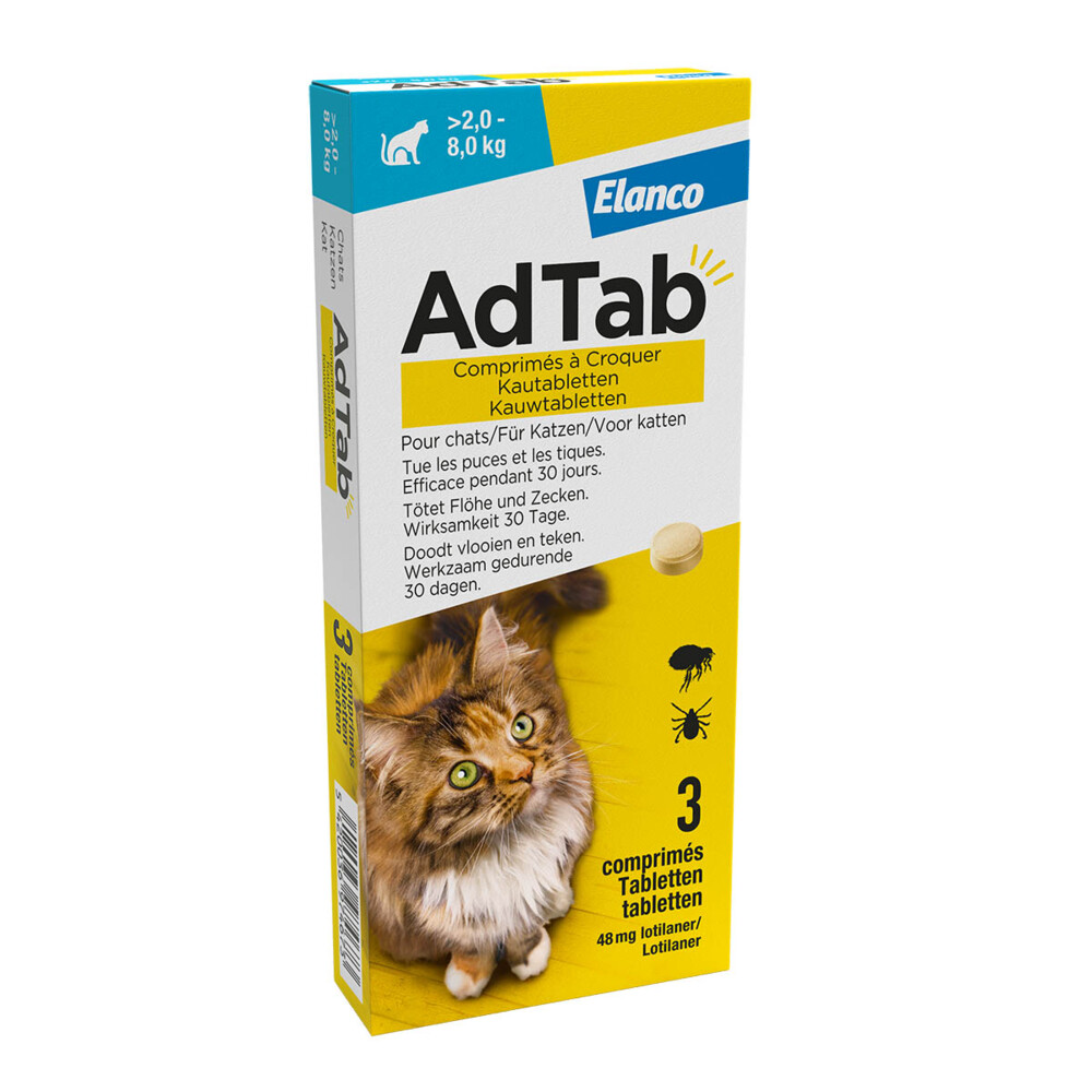 AdTab Anti Vlo en Teek Kauwtabletten Kat >2,0-8,0 kg3 tabletten