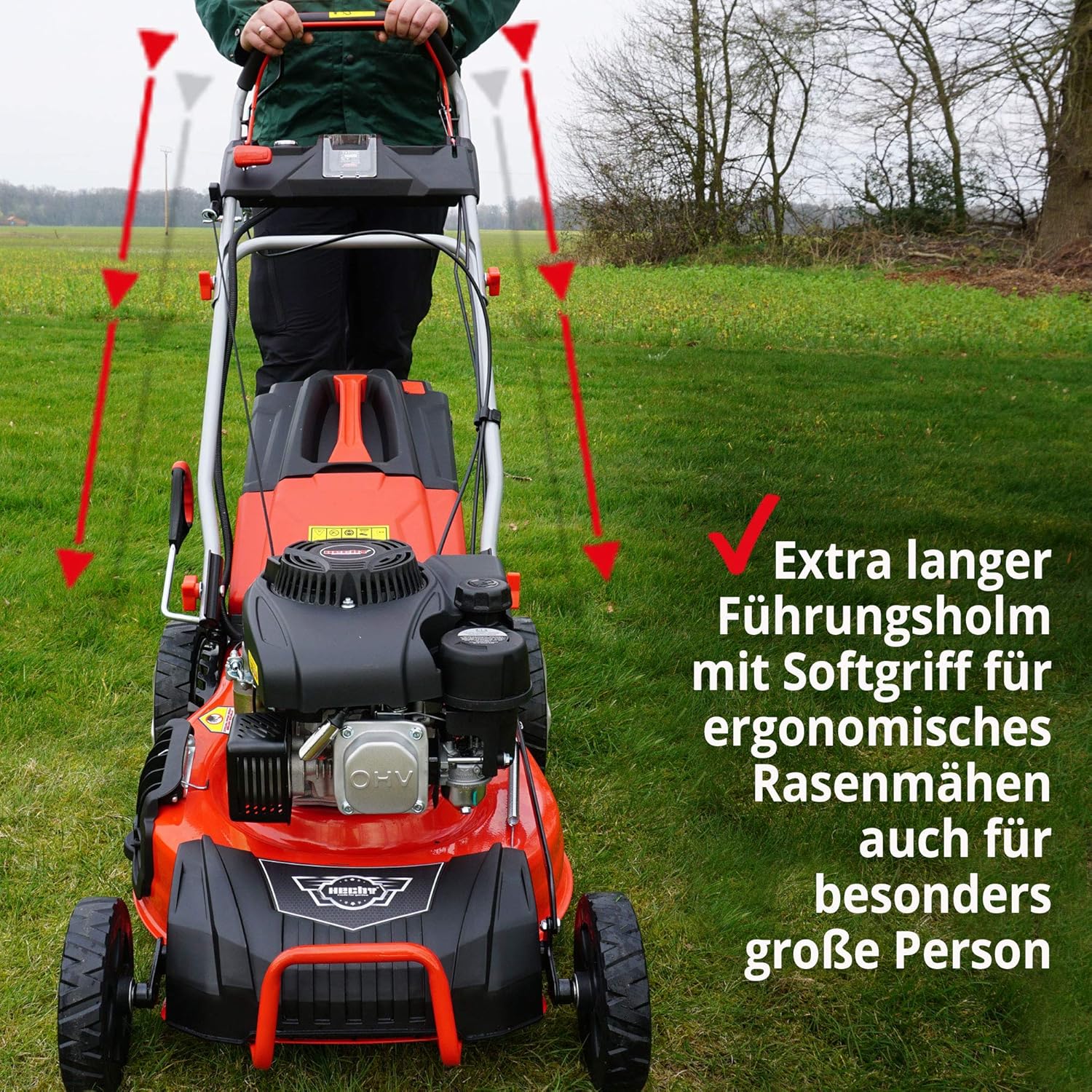 HECHT 5-IN-1 Benzin Rasenmäher – leistungsstarker 4 Takt Eco Motor - Mit Radantrieb – Elektrostart – 46 cm Schnittbreite – bis 1200m² – patentierte Räder mit Extra Grip – Mulchmäher, Rasenmäher Benzin
