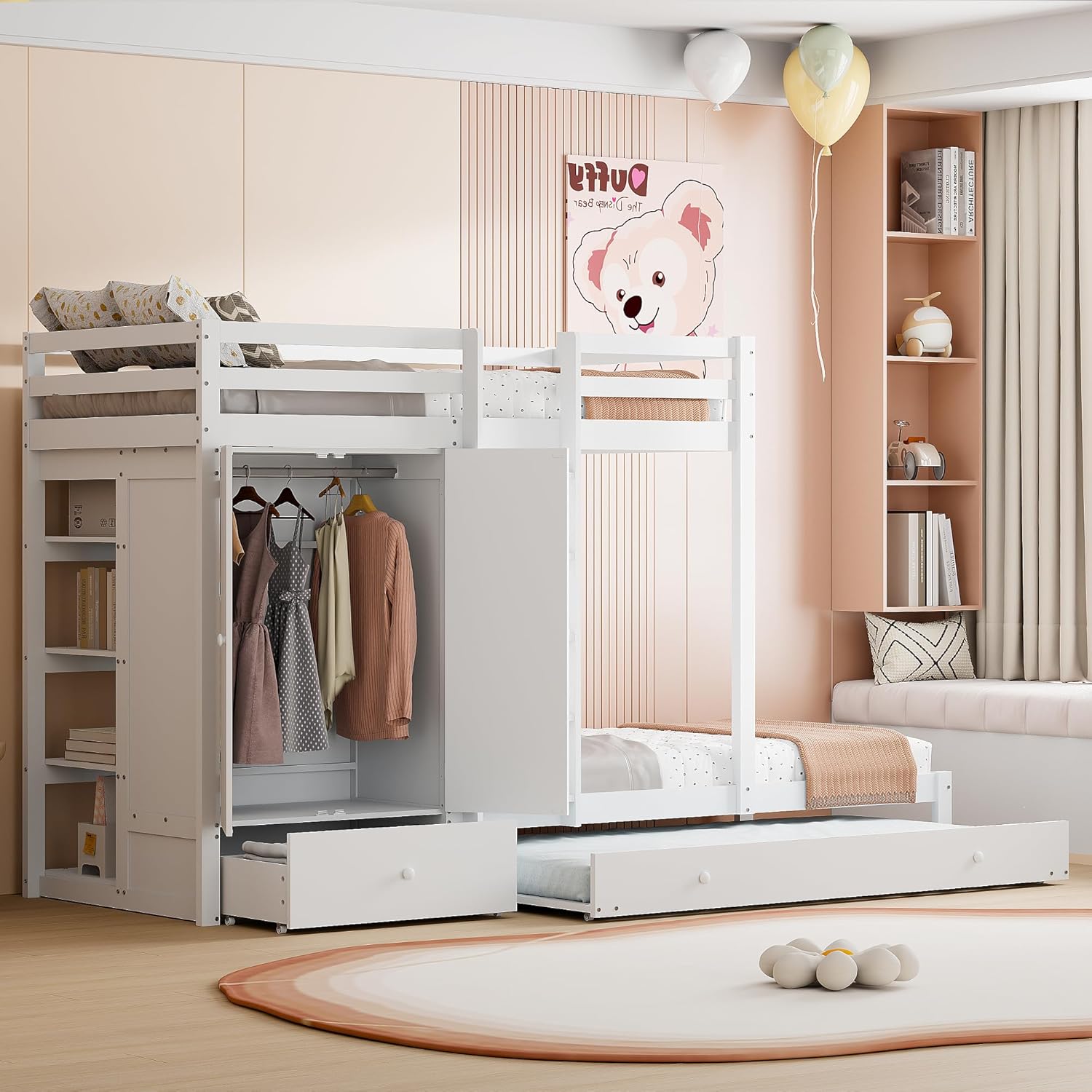 Etagenbett aus Massivholz mit Ausziehbett, multifunktionales Kinderbett mit Kleiderschrank, Schubladen und Ablagefach, Grau/Weiß, 90×200cm (Weiß)