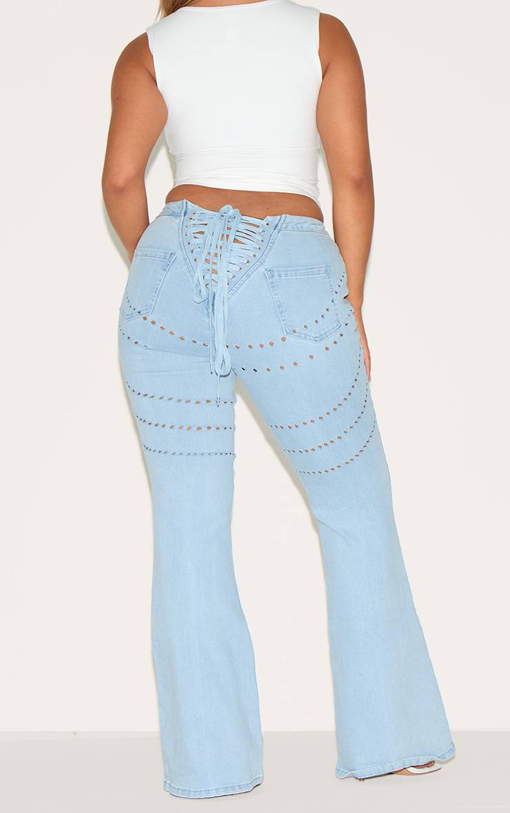Light Blue Wash Jean Évasé En Denim Shape Avec Laçage Au Dos