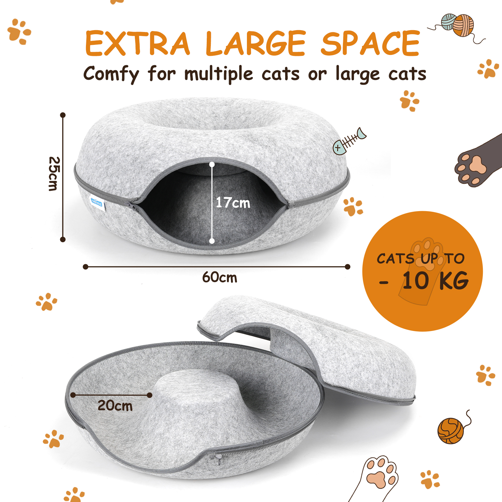Túnel de feltro Nobleza para gatos, cama removível com zíper, casinha para gatos de interior.