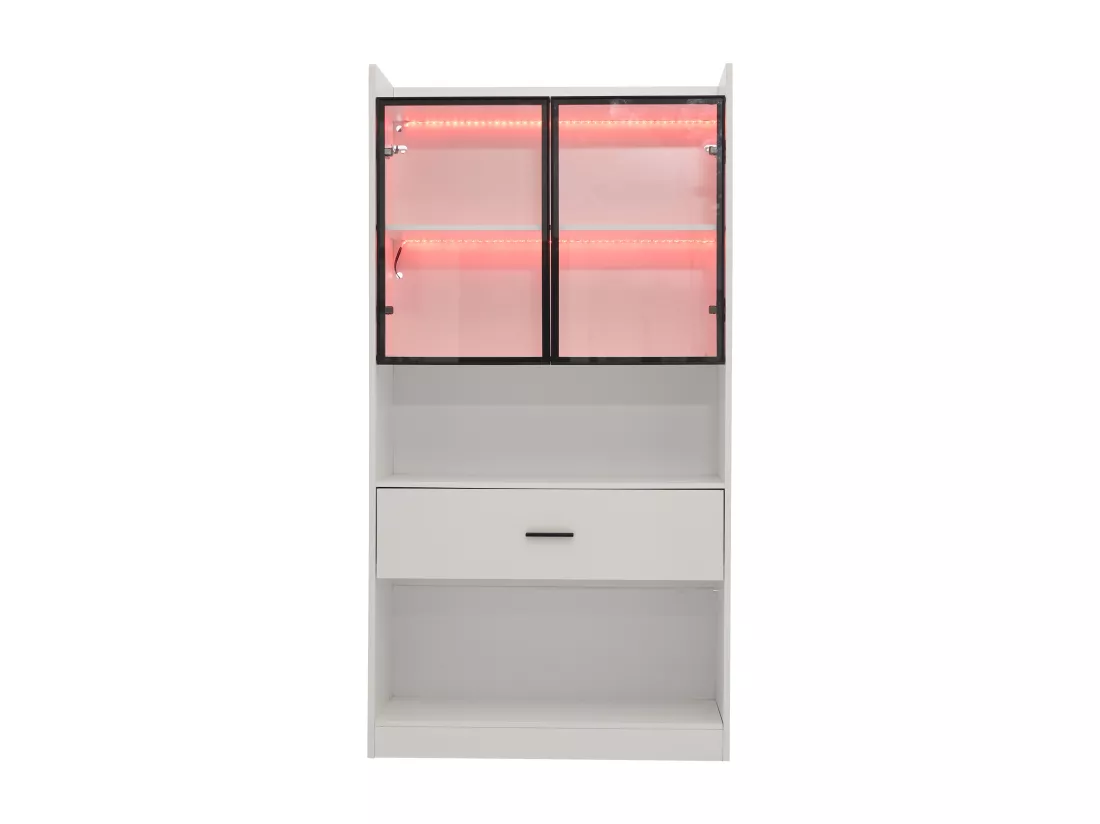 Vitrine 32x80x153.5 cm avec LED - 2 portes vitrées et 1 grand tiroir - Blanc