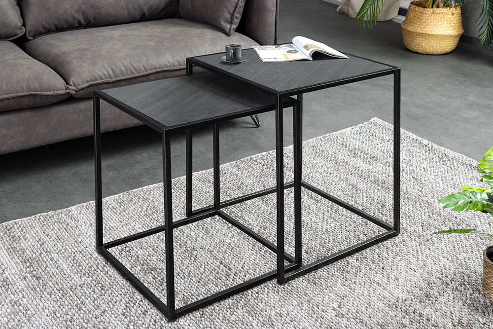 Quadratisches 2er Set Beistelltische MOUNTAIN SOUL 60cm schwarz Naturstein Metall