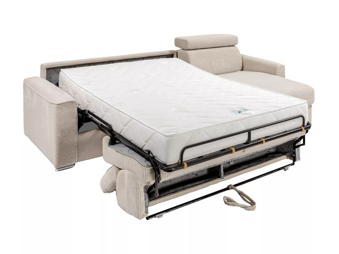 Canapé d'angle réversible convertible express en velours côtelé beige - Couchage à lattes larges160 cm - Matelas 22 cm mémoire de forme - VIZIR