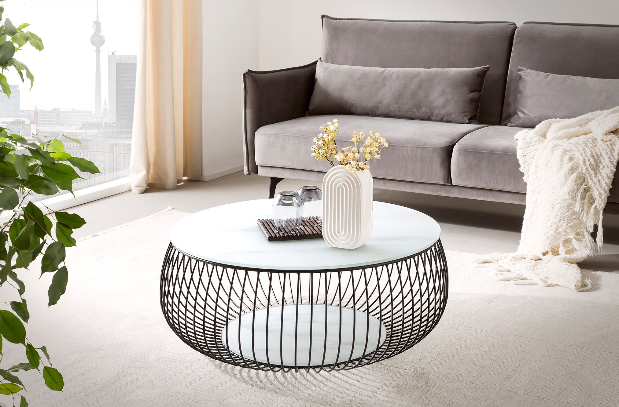 Couchtisch Ø 80cm schwarz weiss Glastisch Beistelltisch Sofatisch Wohnzimmertisch