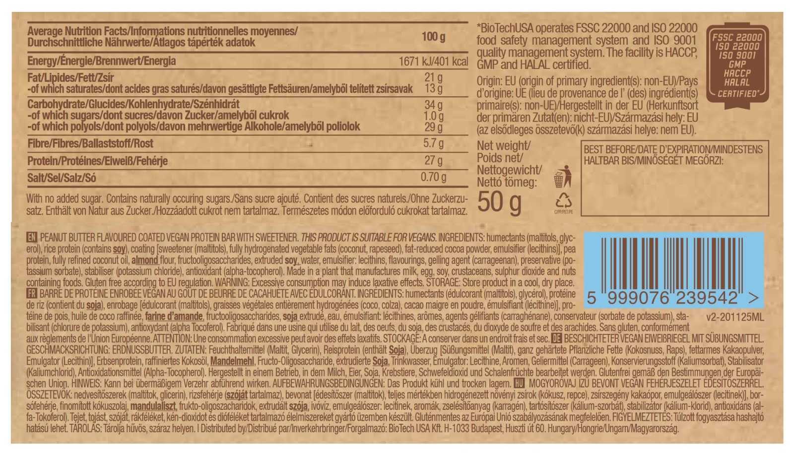 Barra de proteína vegana Biotech USA 50g