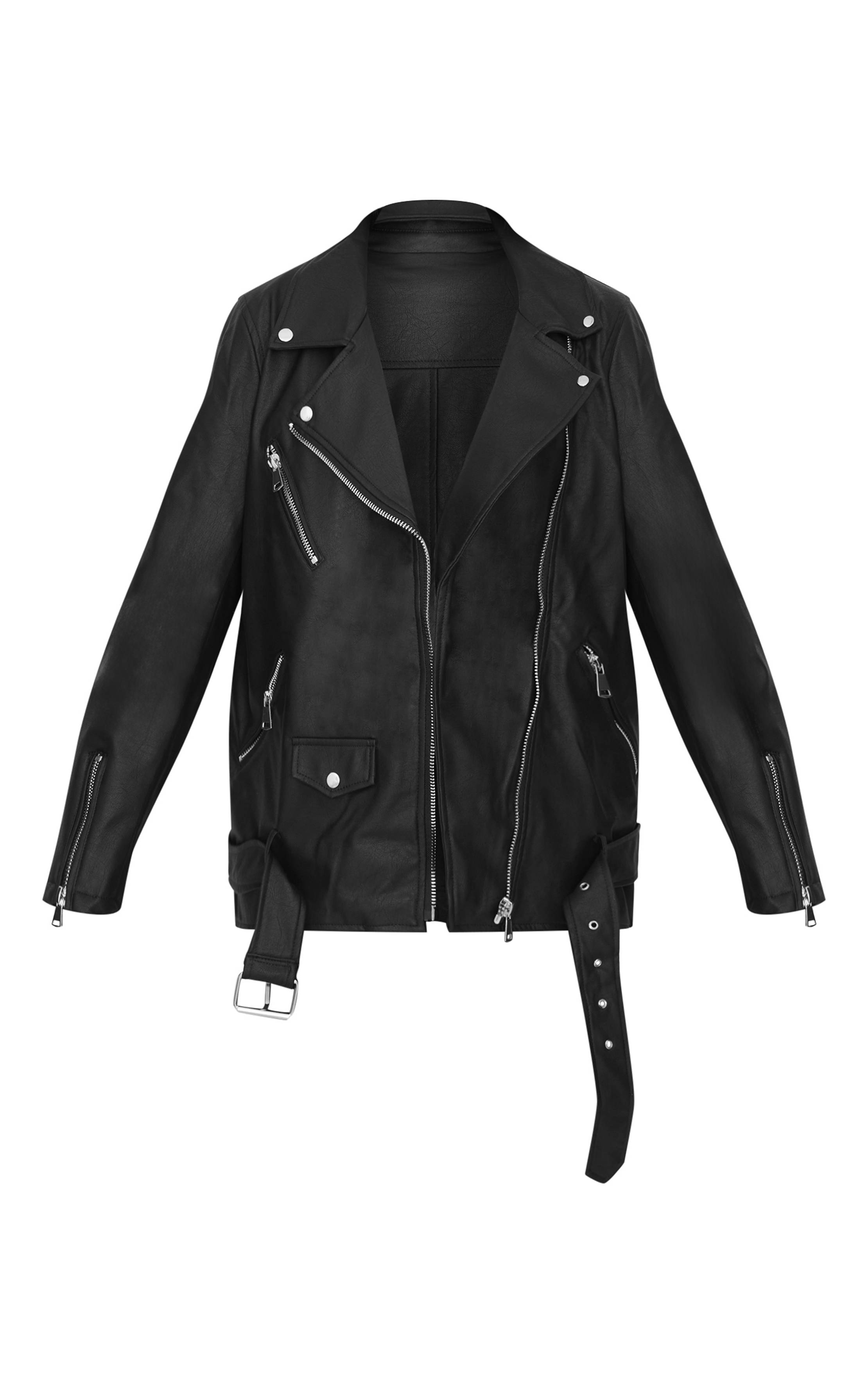 Noir Veste De Motard Longue Ceinturée En Synthétique