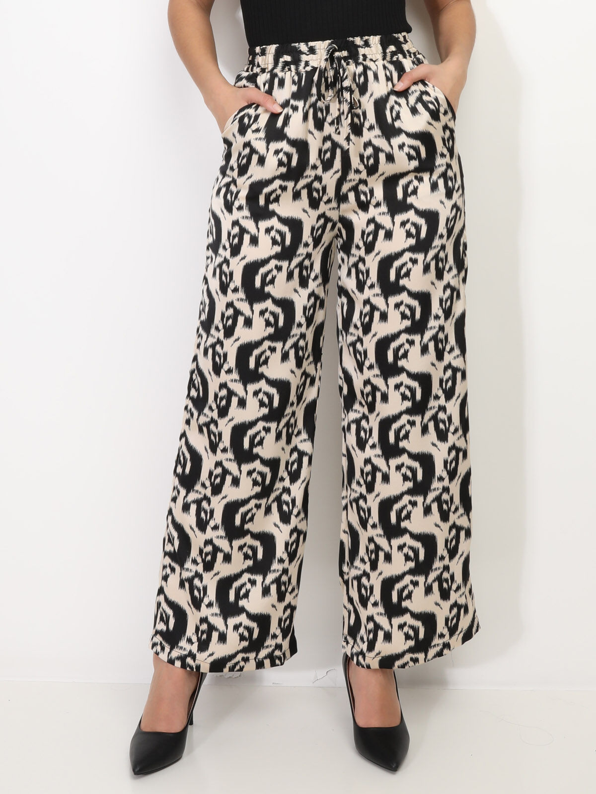 Pantalon satiné à motif abstrait- Noir