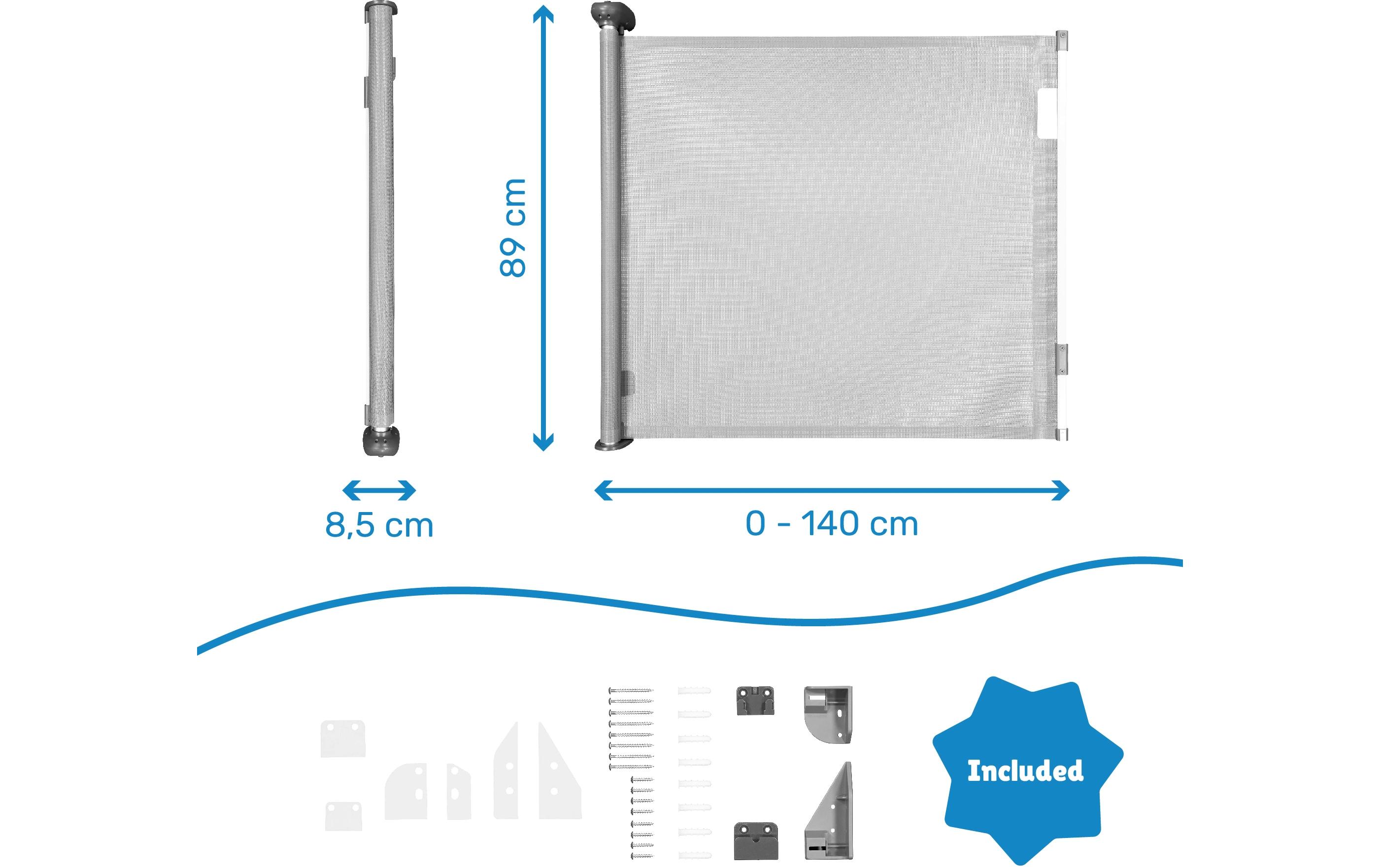 Türschutzgitter Safe & Roll 0 - 140 cmAusziehbares Gitter für Treppen und Türen bis 140 cm mit aufrollbarem Stoff