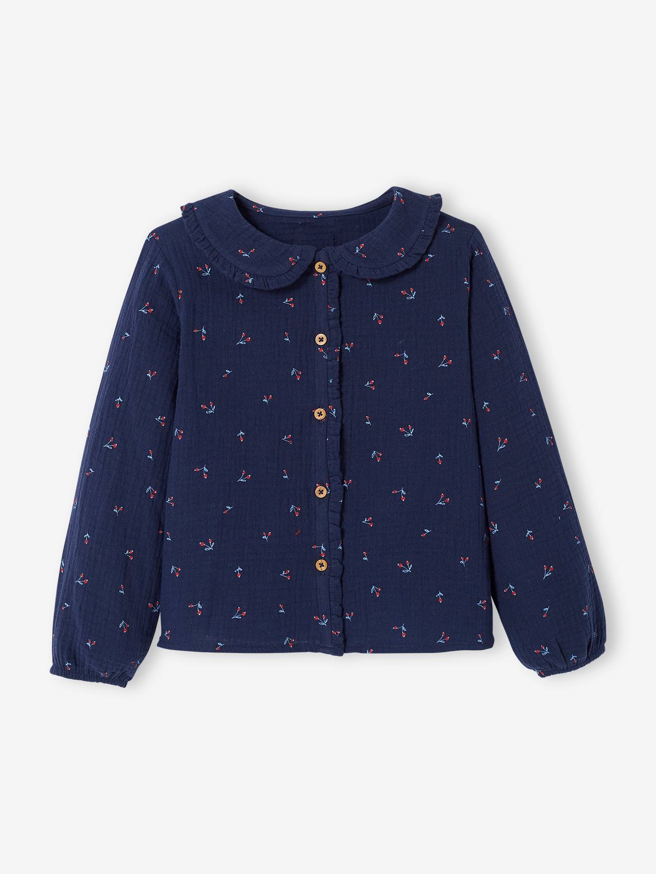 Blusa de chiffon de algodão com detalhes de babados e estampas, para meninas, tamanho médio, estampa branca.