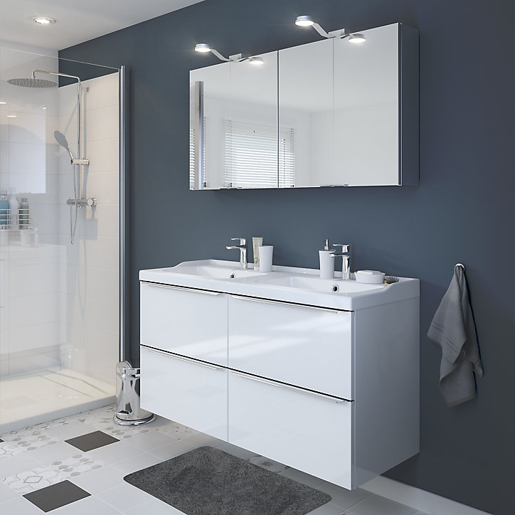 Meuble sous vasque à suspendre GoodHome Imandra blanc 120 cm + plan vasque Lana