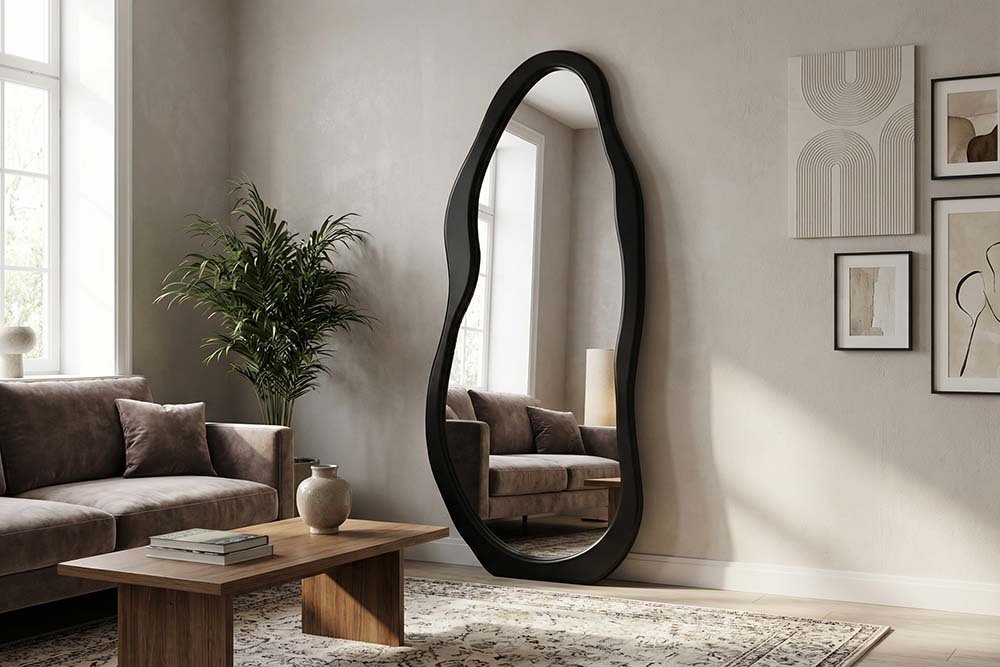 Design Spiegel ORGANIC 180cm schwarz Standspiegel Wandspiegel abgerundeter Rahmen