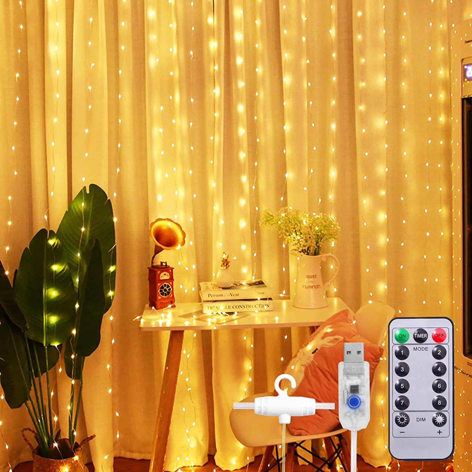 (3x3m) 300 LED's Weihnachts Lichterkette Vorhang Deko USB Beleuchtung 8 Modi   Fernbedienung - Warmweiss