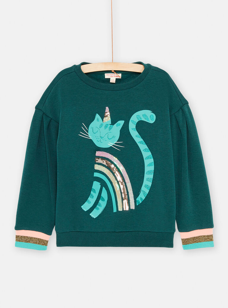 Sweat bleu canard à motif chat pour fille