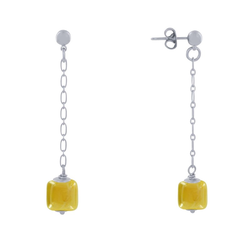 Boucles d'Oreilles Chainette Laiton Argenté et Cube en Céramique