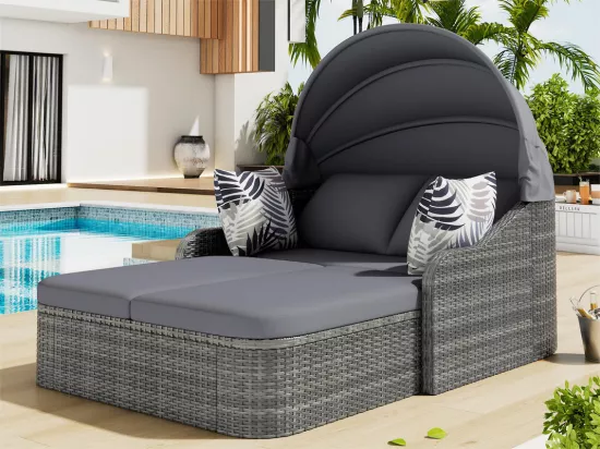 Salon de jardin pour 2 personnes - Canapé lounge en rotin PE avec 4 oreillers et auvent réglable - Gris