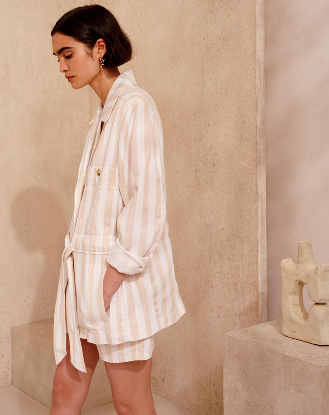 Bellerose Veste surchemise en Coton & Lin Storm à rayures écru/beige