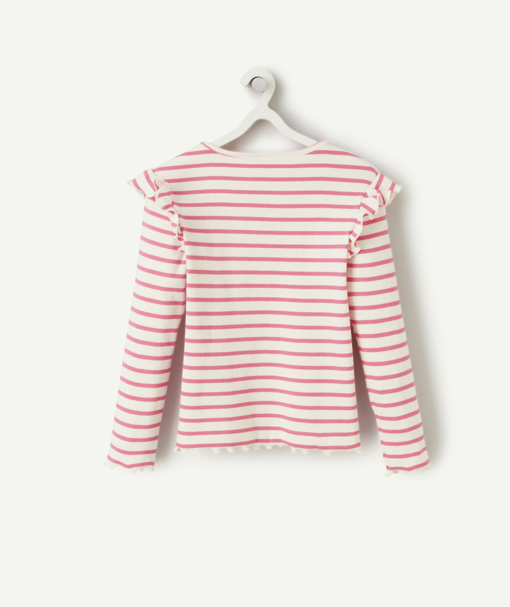T-SHIRT CÔTELÉ FILLE EN COTON BION RAYÉ ROSE ET VOLANTS