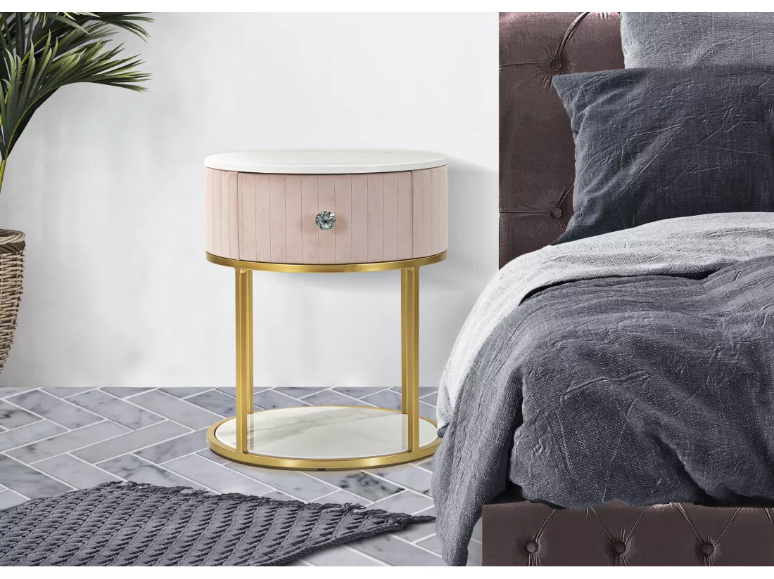 Table de chevet Montpellier, ronde en métal doré et simili-marbre, Ø 42x48 cm, plateau rembourré rose, design élégant et fonctionnel.