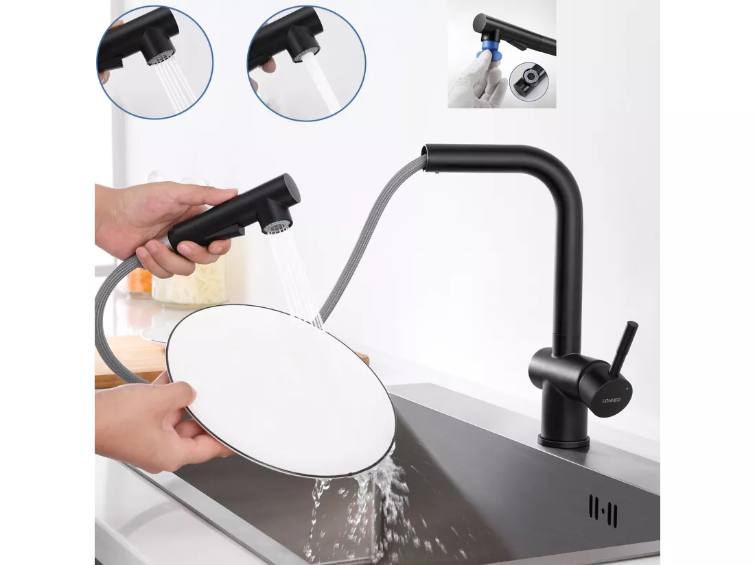 Mitigeur Cuisine Noir Douchette Robinet Douchette évier Extractible 2 Jets Mitigeur Bec Haut Pivotant 360° Acier Inox Barboteur Démotable,EU Modèle