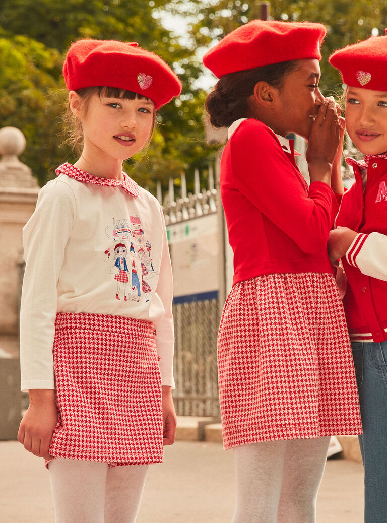 Jupe-short rose barbapapa et rouge à imprimé pied-de-poule