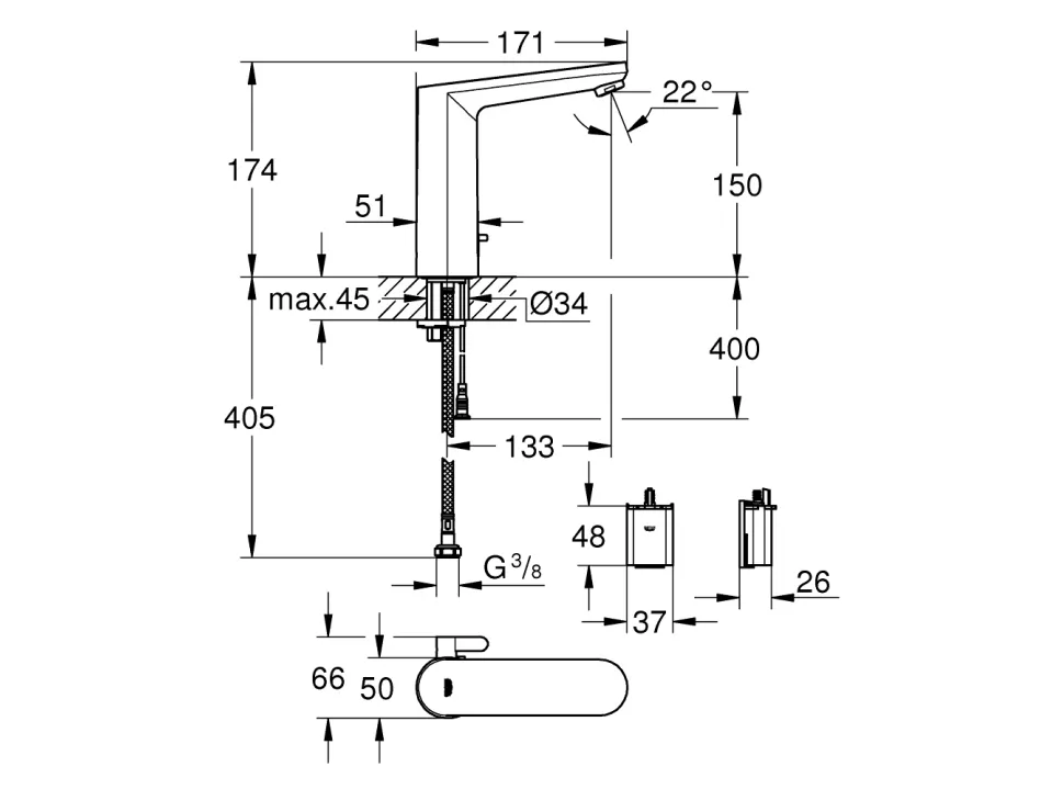 Grohe Eurosmart Cosmopolitan e - berøringsfri batteri 6V 133 mm tud håndvask forkr. messing