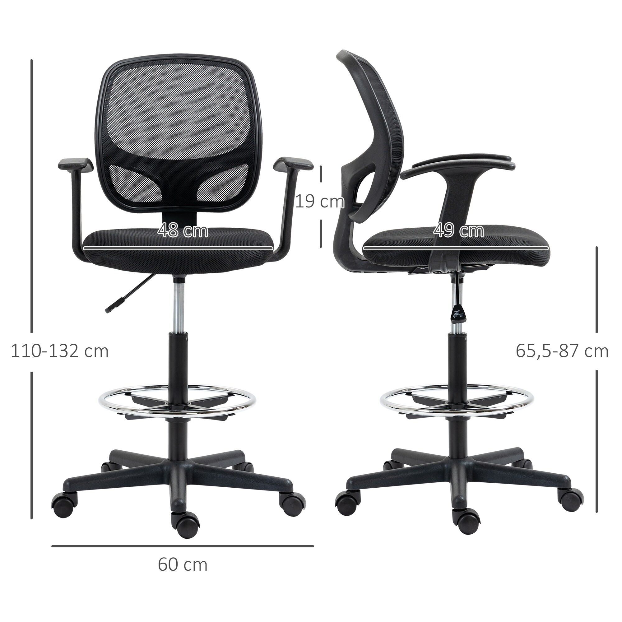 Vinsetto Bürostuhl mit Fußring schwarz 60L x 56B x 132H cm