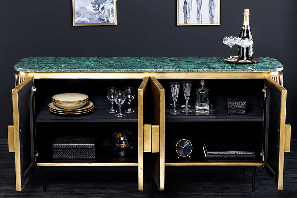 Design Sideboard VENEZIANO 160cm messing grün Marmorplatte Mangoholz Retro